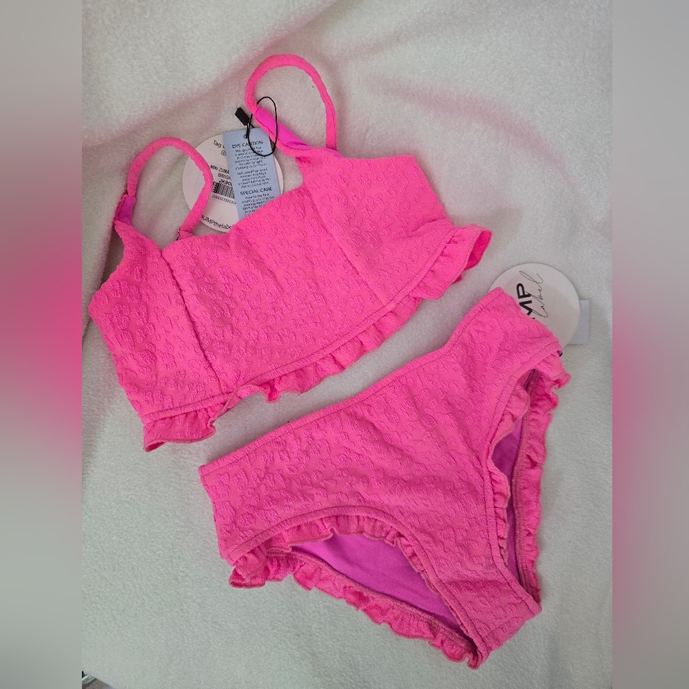 NWT JMP The Label, Hot Pink Leopard Ruffled Girls Bikini Set 6/7